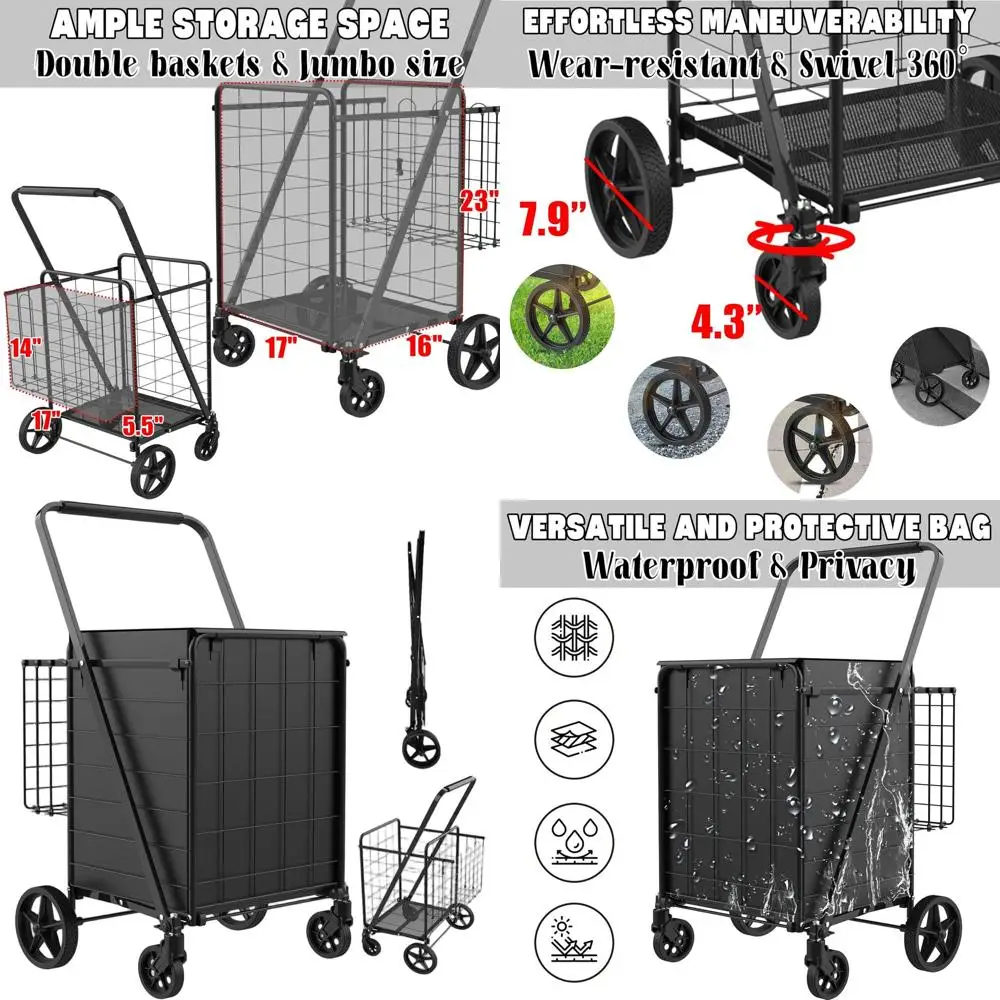 

Durable Folding Cart with Waterproof Tote, 360° Swivel Wheels, Double Basket, 300lbs Capacity - Ideal for Shopping, Laundry, Cam