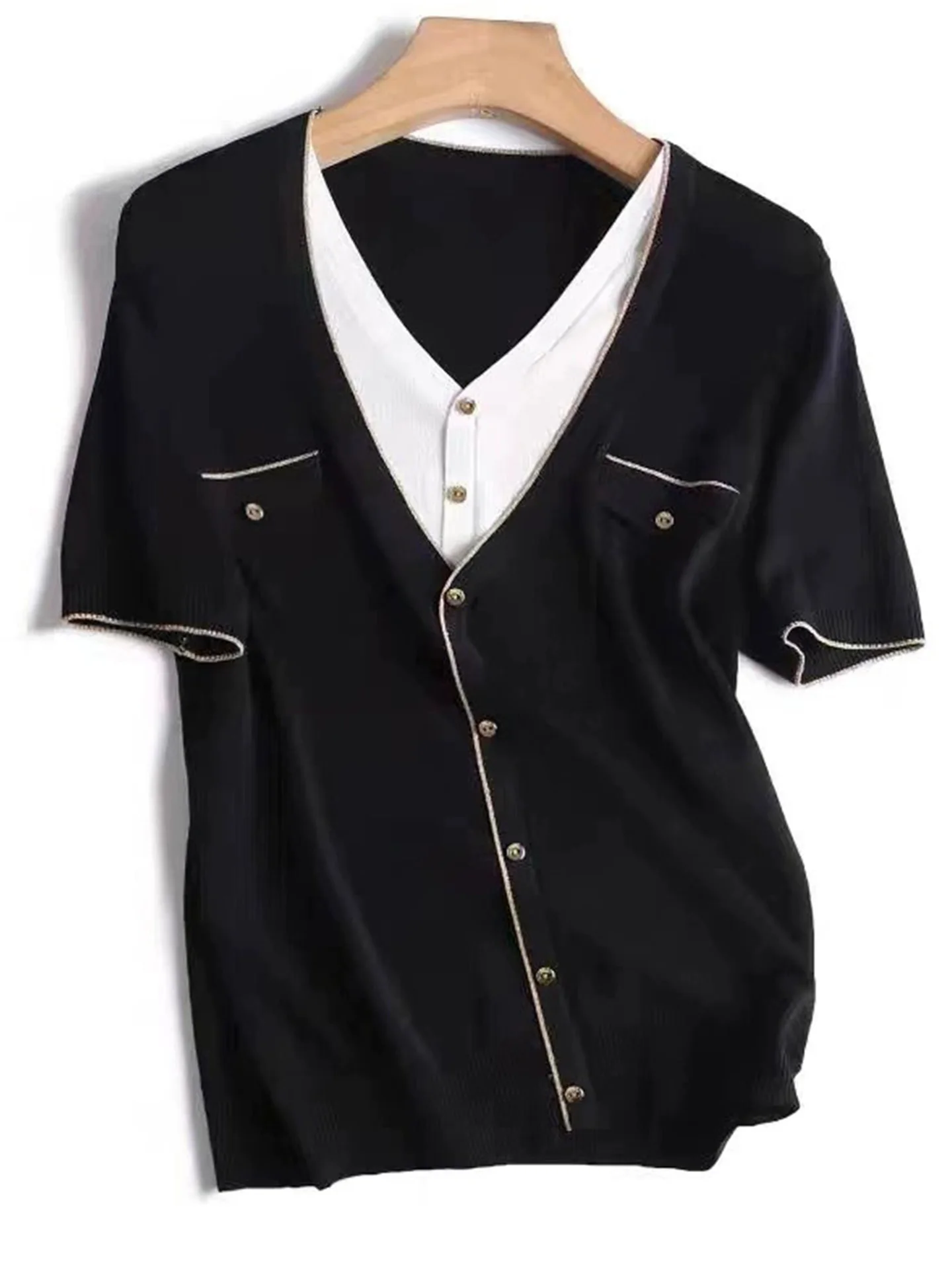 

Вязаный топ из ледяного шелка V-Ne ort Sve, женская модная повседневная свободная посадка, цветная блузка, дизайнерская летняя футболка