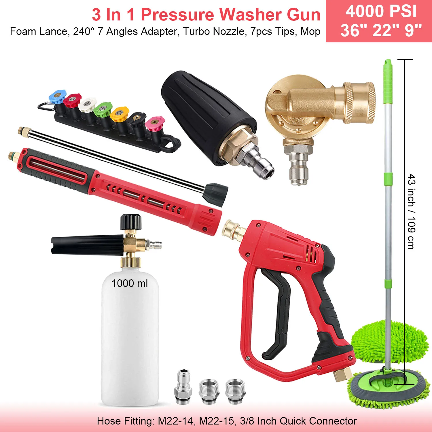 36 "In 4000 PSI Hogedrukreiniger Pistool Verlengstuk Nozzles Schuimlans 3 in 1 M22 14 15 mm 3/8 In Snelkoppeling Autoreiniger Kit