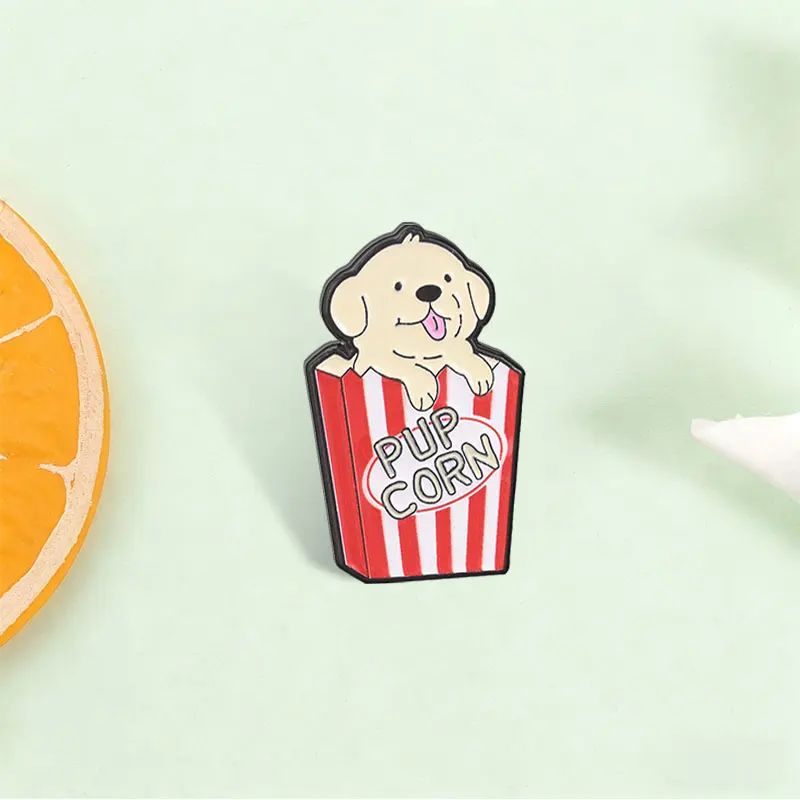Pupcorn Welpen-Popcorn Cartoon Emaille-Anstecknadel Niedlicher Hund Film-Snack Wortspiel Brosche Reversnadel Schmuck Geschenk für Hundeliebhaber Kino-Fans – Detail 5