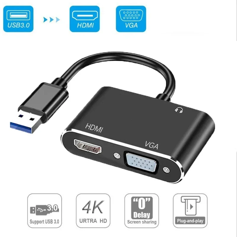 محول USB إلى HDMI VGA محول الصوت والفيديو ، 3 في 1 ، شاشة P ، 4K ، شاشة مزدوجة ، HDMI متوافق مع الكمبيوتر الشخصي ، الكمبيوتر المحمول ، جهاز العرض