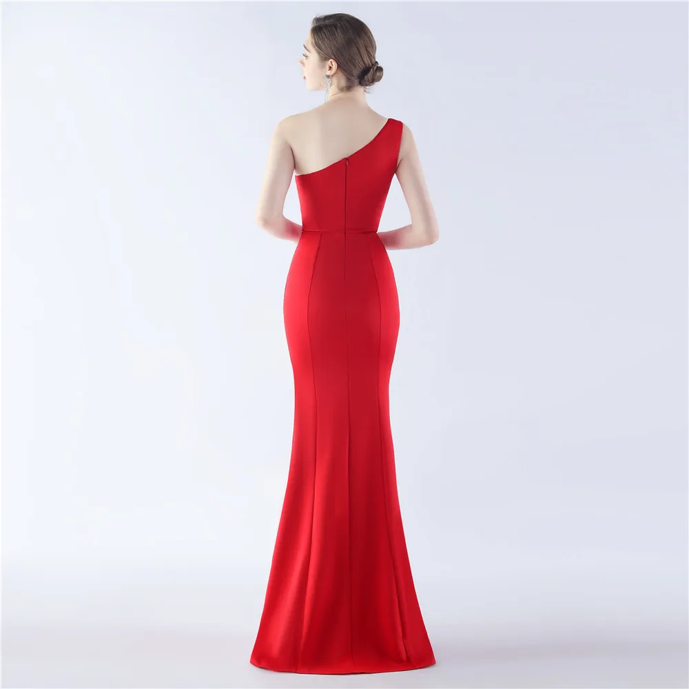 DEERVEADO Candy Color One Shoulder Evening Dress for Women Sexy Mermaid Slit Party Maxi Dress Soft Satin Formal Dress