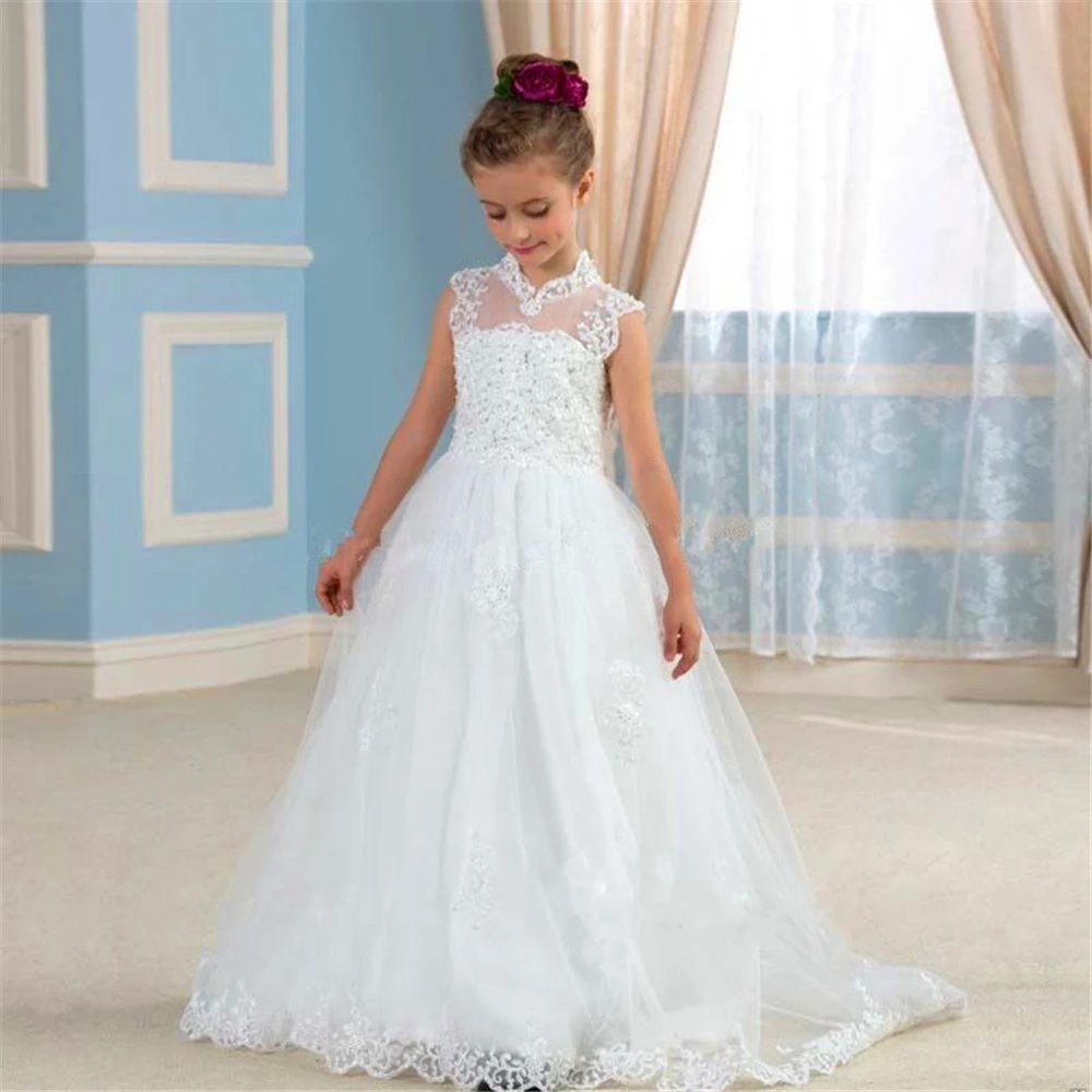 Branco elegante primeira comunhão vestidos sem mangas tule renda impressão sem costas vestido da menina de flor princesa bola crianças presente aniversário