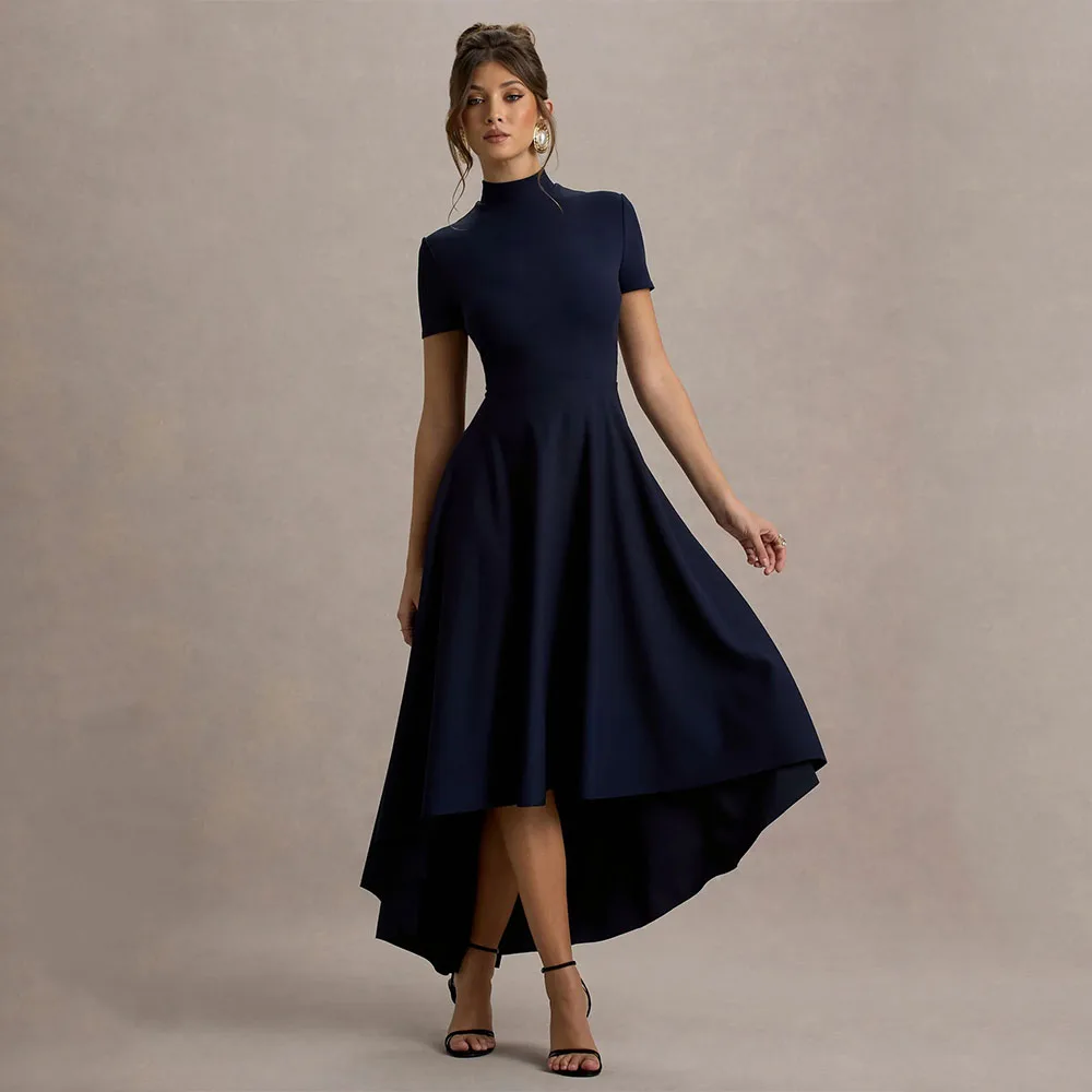 Maßgeschneiderte Ballkleider für Damen, hoher Kragen, kurze Ärmel, High-Low-Cocktailkleider, A-Linie, asymmetrisches Damen-Partykleid, Midi