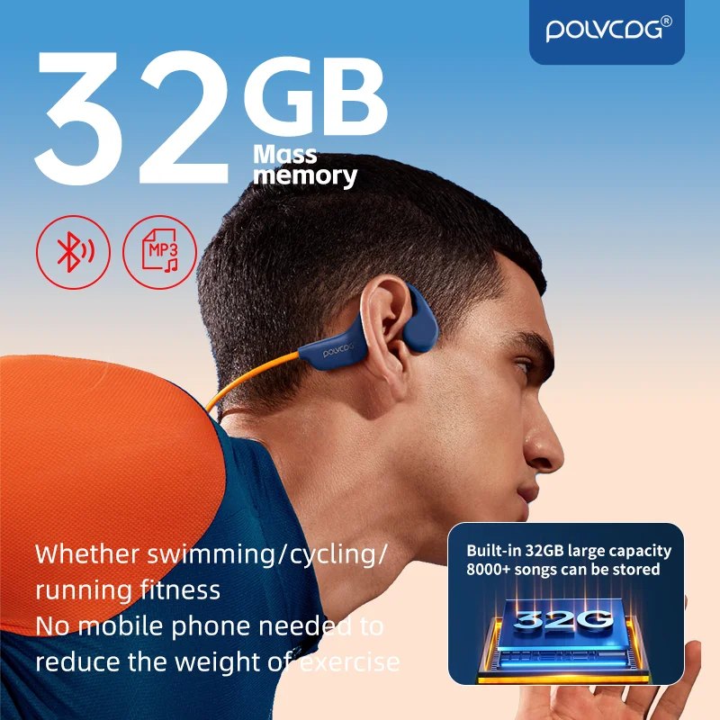 POLVCDG-Fones de ouvido Bluetooth condução óssea, memória 32GB, IPX8 impermeável, natação, corrida, ciclismo