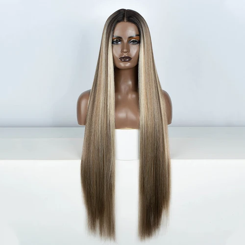 Imagen 2 del producto Pelucas delanteras de encaje sintético para mujer, peluca negra rubia Brwon resaltada, peluca de encaje larga y recta, peluca sintética resistente al calor de 38 pulgadas