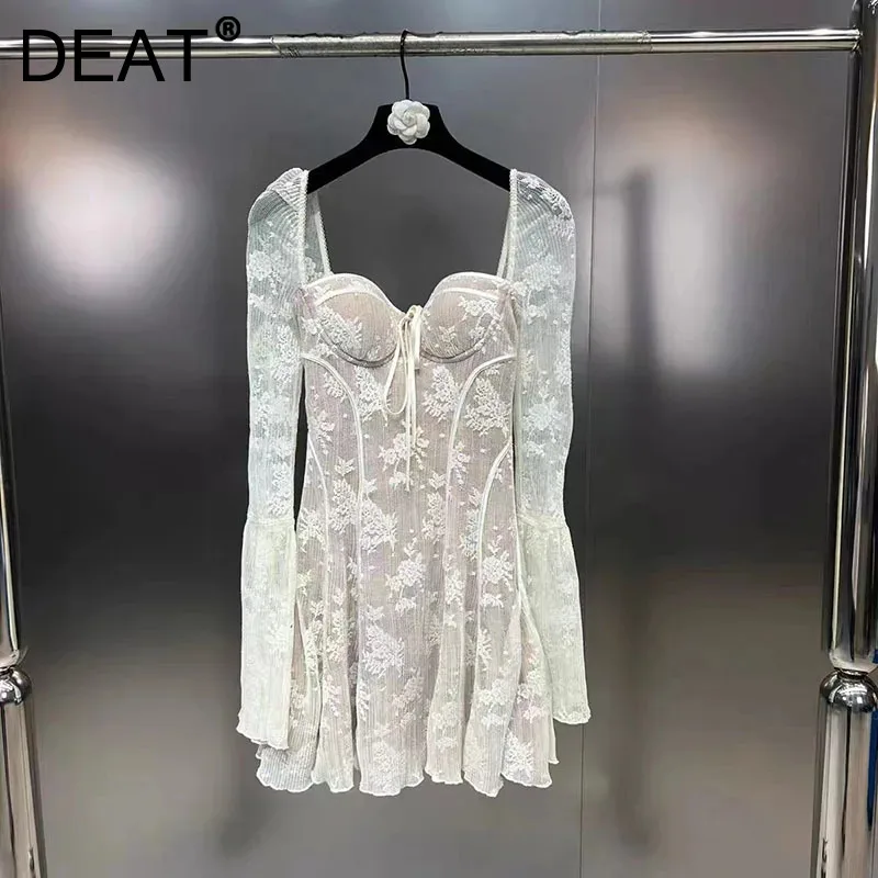 DEAT New Women's Square Neck Long Sleeved Spliced Lace Dress 2024 Summer Chest Pad Bandage Slimming Dresses Female 11A0259