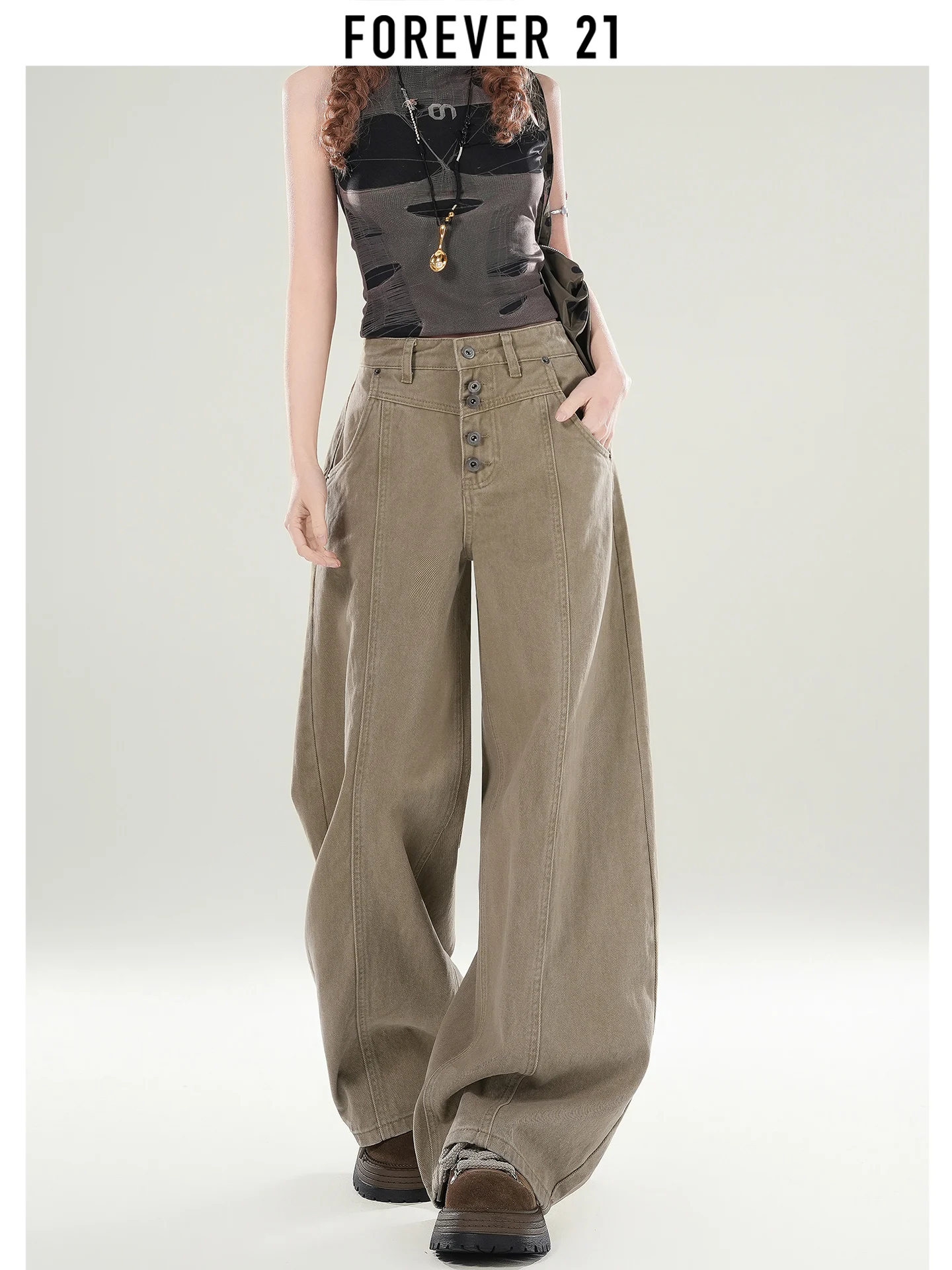 Calça Jeans Feminina de Cintura Alta e Perna Larga, Estilo High Street, Drapeada, Forever 21, Calça Estilo Spicy Girl Americana