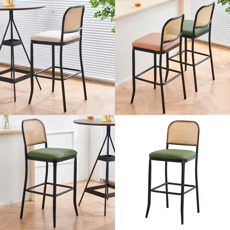 for Modern Luxury Bar Stool with Rattan Backrest Upholstered Kitchen Island Chair Metal Legs  Family Bars and Coffee Shops