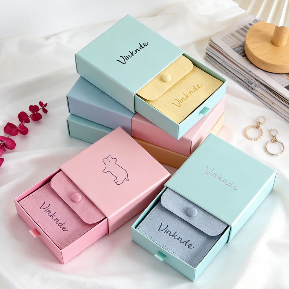

24/50/100Pcs 9x9x3.2cm Sliding Paper Jewelry Drawer Box Custom Logo Ring Earring Packaging Luxury Boxes With Snap Button Bag