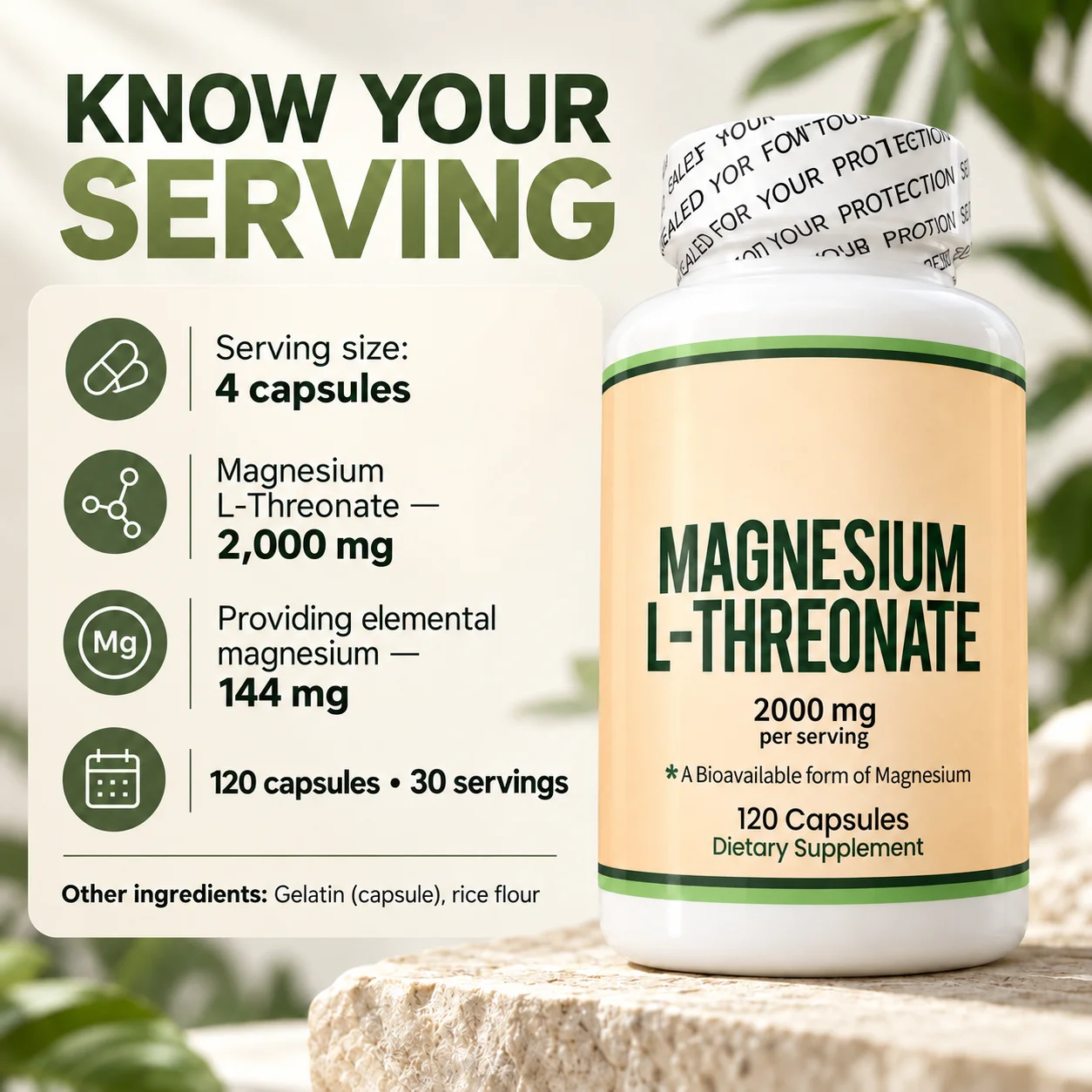 Magnesium L-Threonate 2000mg Per Serving, Muscle & Nerve Function Support, 120 Capsules, 30 Servings, Food Supplement for Adults