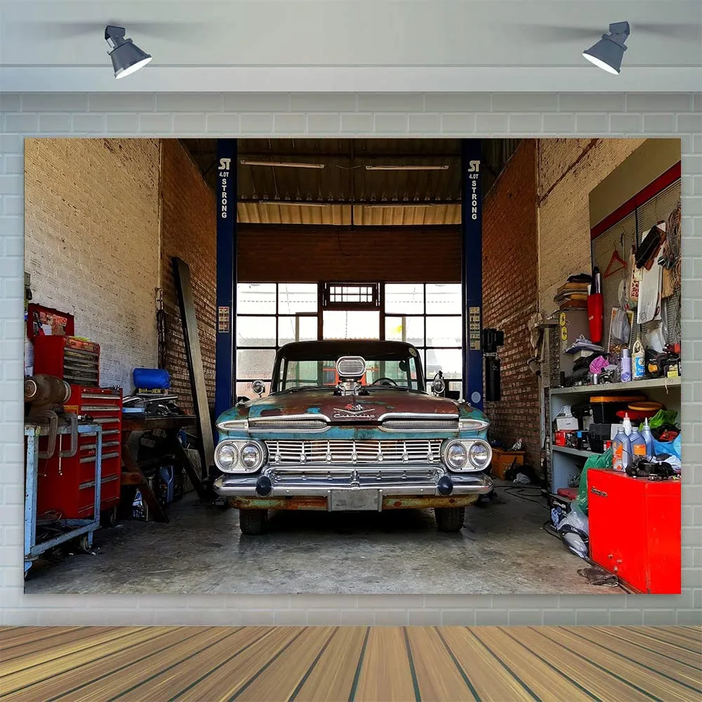 Vintage Garage Car Repair Grunge Fix Workshop Backdrop Retro Photography Background Mechanic Party Decoration Photo Booth Studio