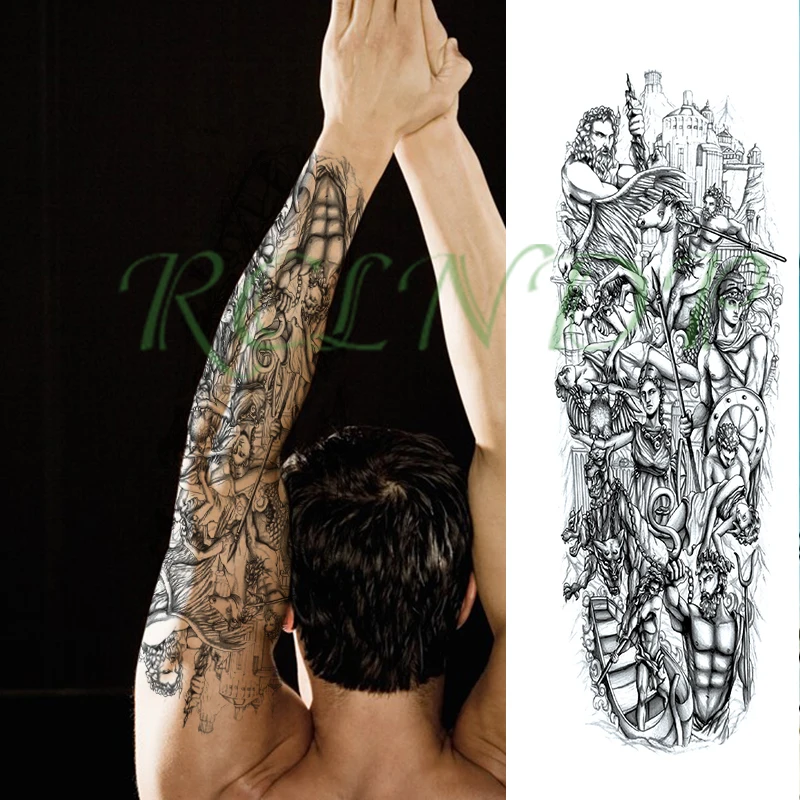 

Waterproof Temporary Tattoo Sticker ancient Greek warrior horse spear shield full arm big fake tatto flash tatoo for men women