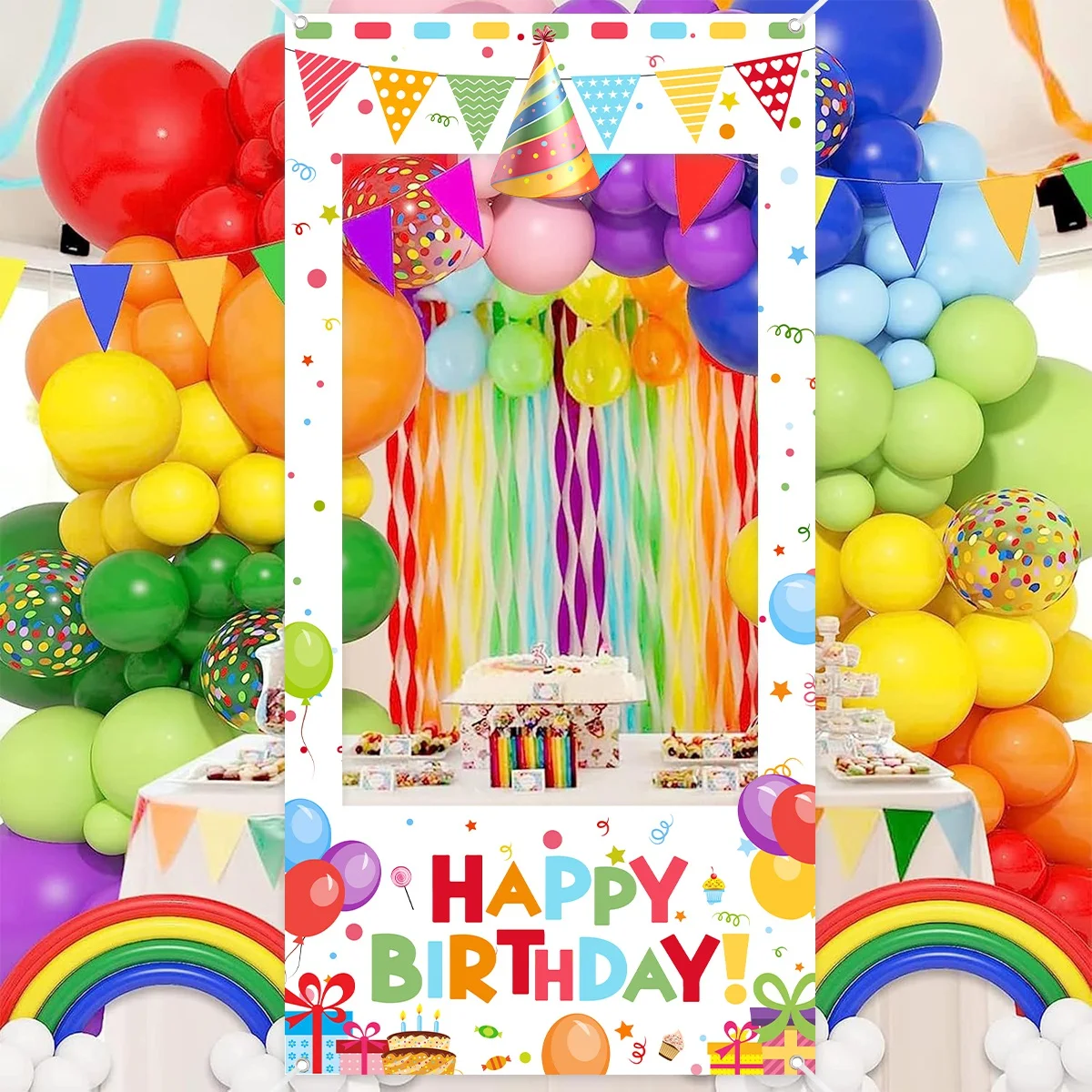 Bunte Happy-Birthday-Fotobox-Requisiten: Rahmen mit Ballonmuster für Erwachsenen-Geburtstagsfeiern, Hintergrund-Dekorationsrahmen – Detail 5