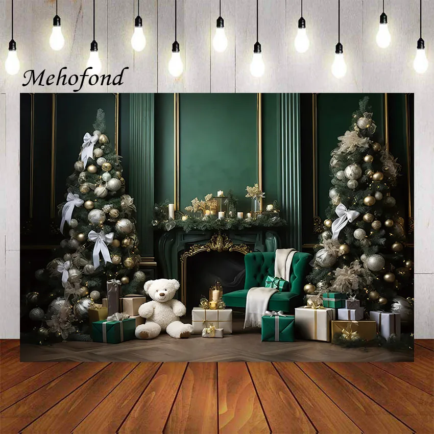 Mehofond Photography Background Winter Christmas Green Fireplace Bear Xmas Tree Kids Family Portrait Decor Backdrop Photo Studio