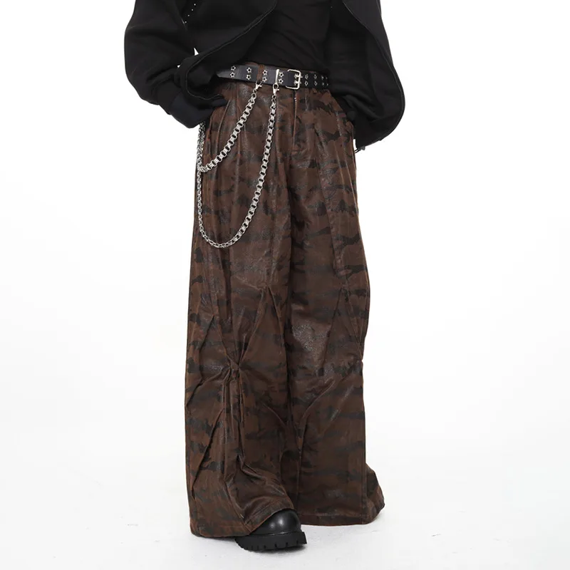 MWJLPWQ Autunno Decostruito Pieghettato Camouflage Cargo Jeans da Uomo High Street Niched Design Autunno Trendy Pantaloni a Gamba Larga 11810
