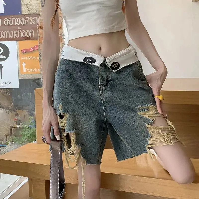 Washed ripped raw edge straight-leg denim shorts Irregular Split Broken Chic Casual Half Pants Women Summer Shorts