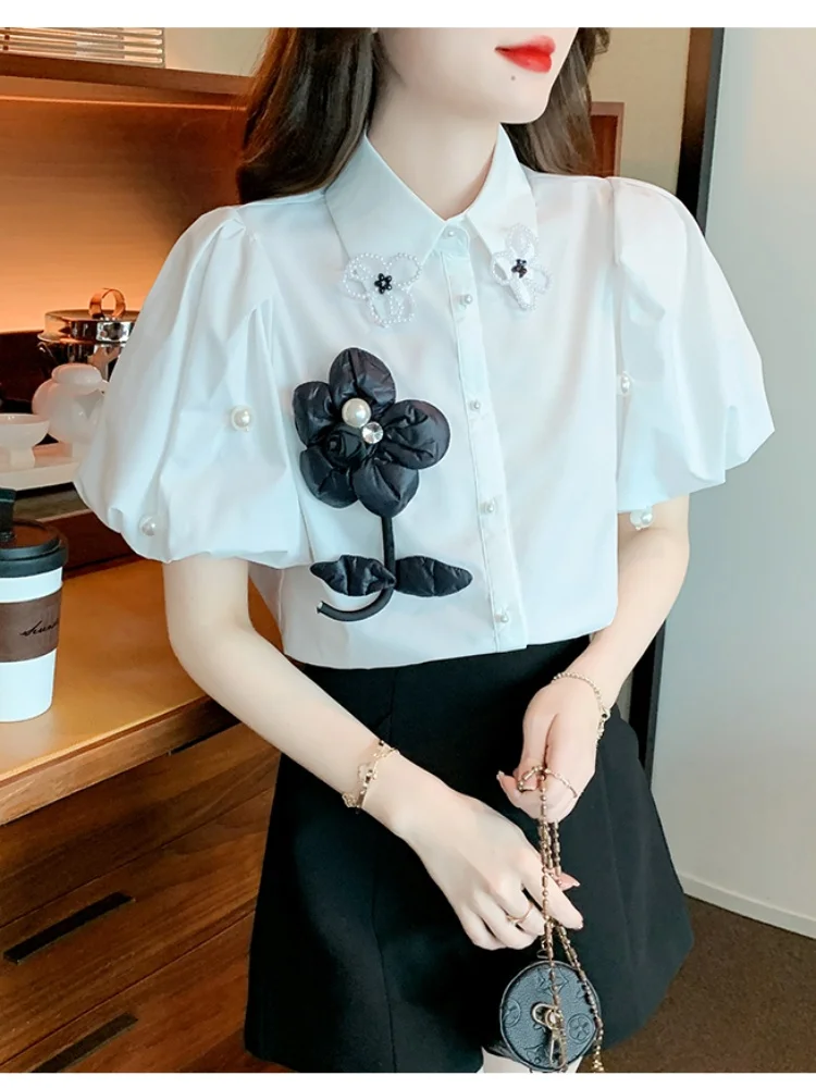 2024 Summer Flower Black Commuter Light Mature Style Short Sleeved Shirt For Women Fashion Luxury Beaded Turndown Collar Tops