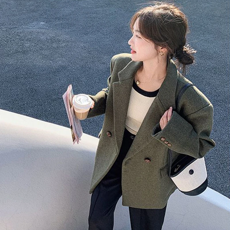 Women Korean Woolen Blazer Vintage Loose Casual Button Office Lady Suit Coats Elegant Autumn Aesthetic Green Simple Jacket New