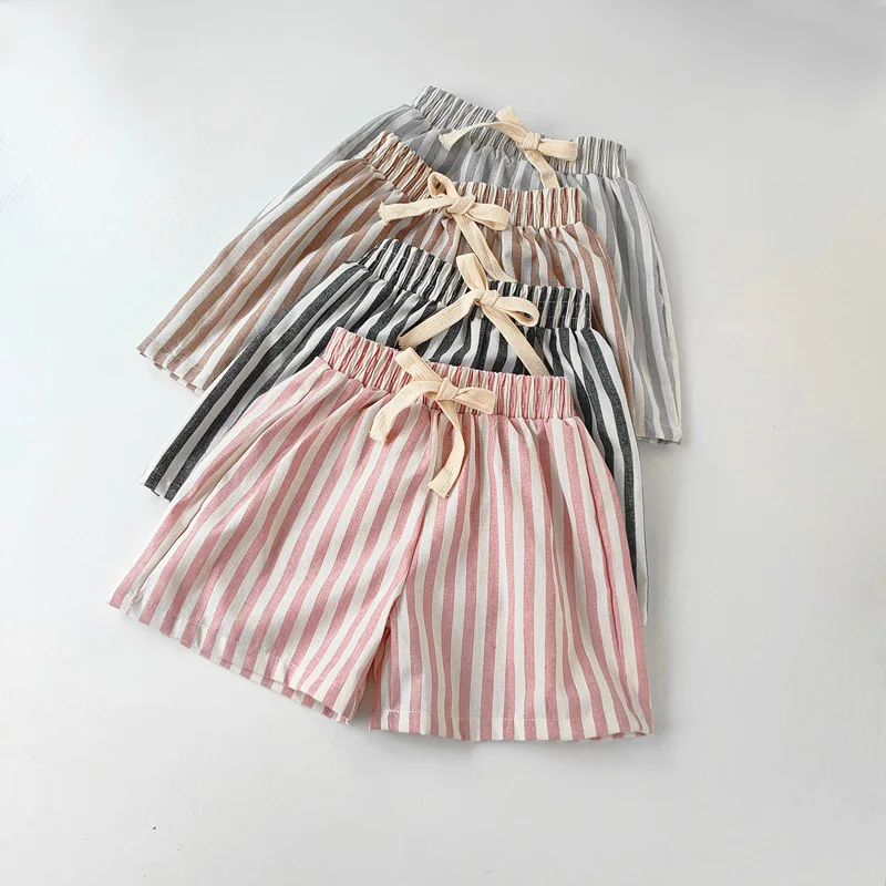 5069 Children Pants Spring and Summer New Linen Cotton Boy's Striped Shorts Cute Baby Girl's Casual Pant