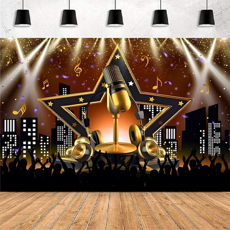 Photography Backdrop Musical Night Show Microphone Karaoke Theme Background Happy Birthday Party Backdrop Wall Banner Poster