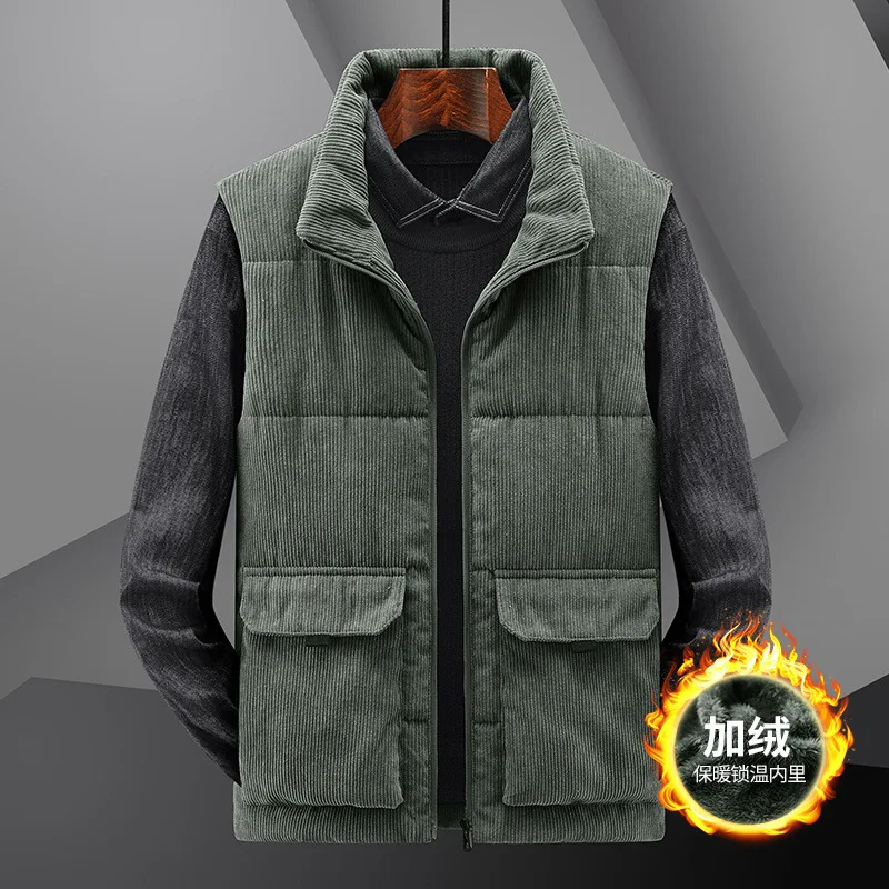 Men Winter Corduroy Vest Fleece Lined Thickened Stand Collar Multi Pocket Sleeveless Work Jacket  пуховик мужской зимний VT-340