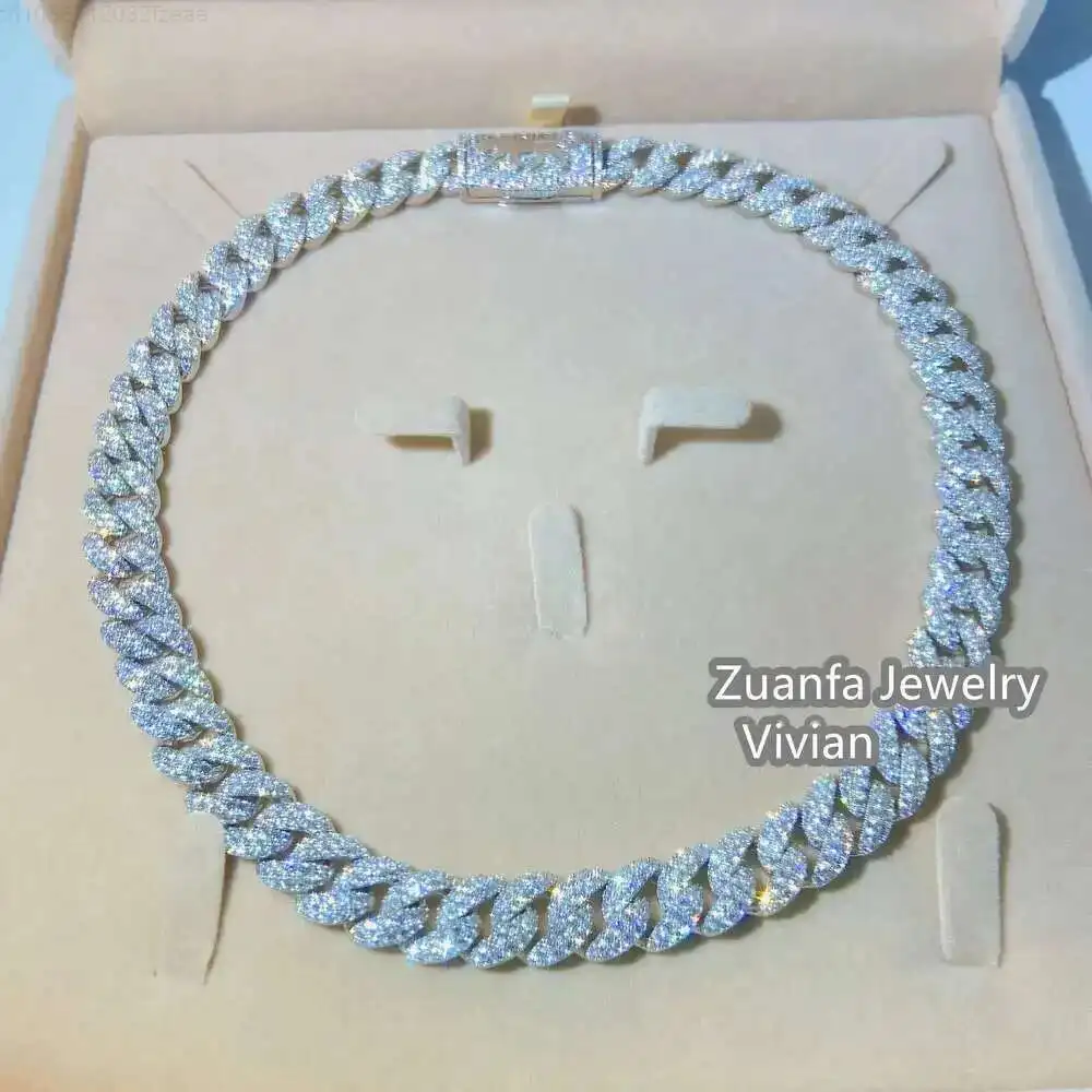 

12mm Width Hip Hop Jewelry Silver 925 Necklaces Miami Iced Out Moissanite Cuban Link Chain