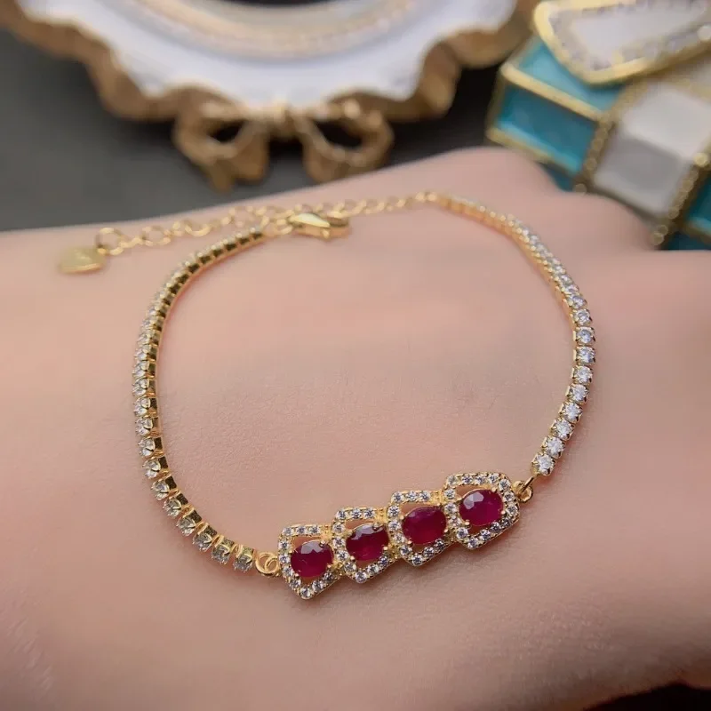 

Vintage Natural Myanmar Ruby Bracelet Women 100% 925 Sterling Silver Plated Gold Ruby Bangle Birthday Gift