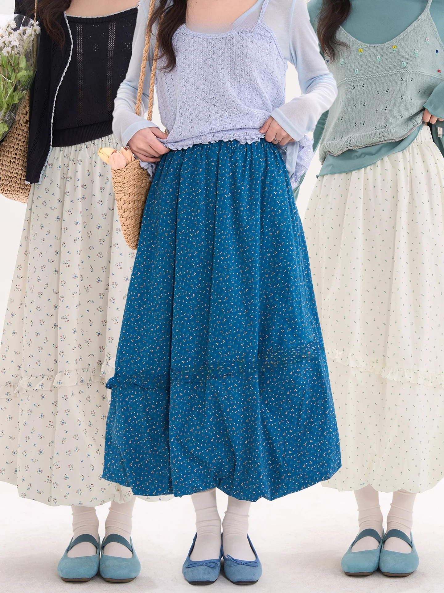 

Sweet Floral High Waist Bloom Skirt Midi Skirt Heme Cotton Casual Print Gathered Elastic Waist Spring Summer Window Display