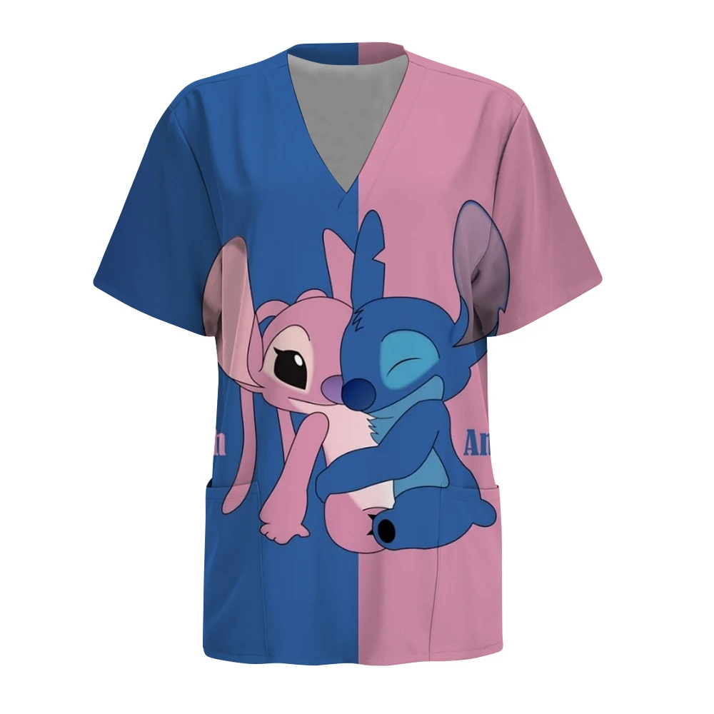 Disney Stitch stampa Estate Abbigliamento da infermiera da donna Uniforme da lavoro Tasca con scollo a V Scrub infermieristico Top Negozio di animali Salone di bellezza Lavoro dentale