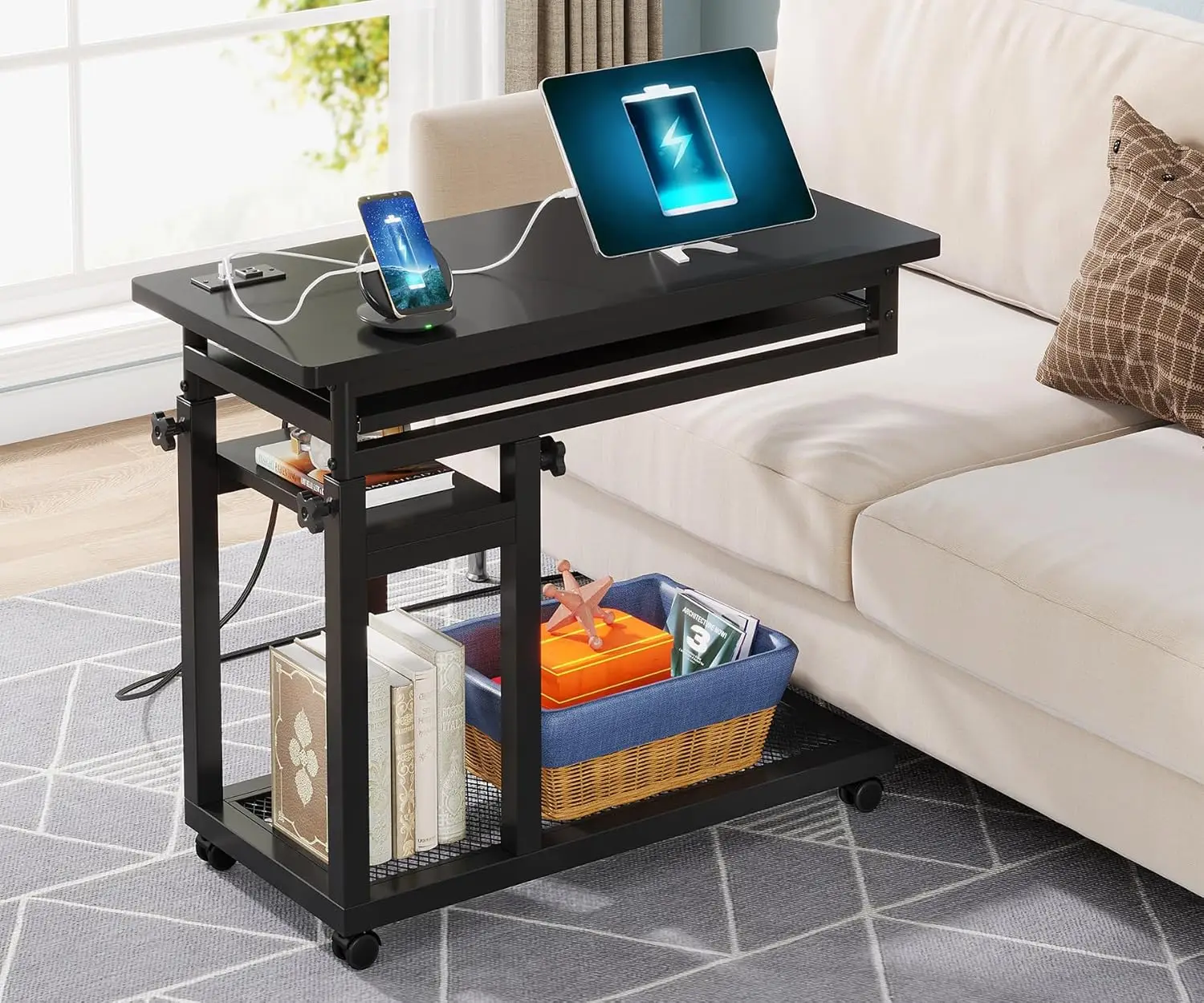 

Tribesigns Small Portable Desk with Power Outlet, Height Adjustable Sofa Couch Bedside Laptop Table with Wheels, Desk Rolling