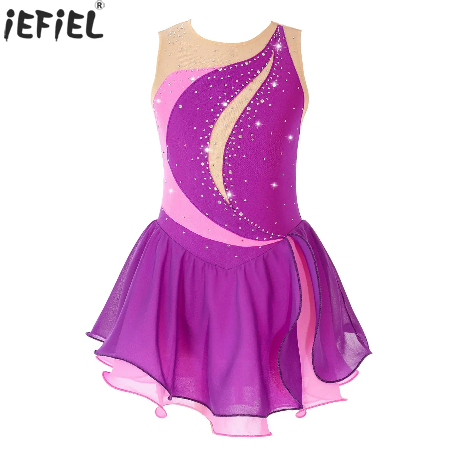 Kids Girls Figure Skating Gymnastics Dance Dress Ballet Tutu Leotard Sleeveless Rhinestone Competition Stage Performance Costume