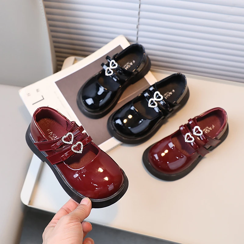 Children Leather Shoes for Spring Wine Red Black Elegant Girl's Mary Janes Chunky Hook-loop Beautiful Comfy Kids Shoe 26-36