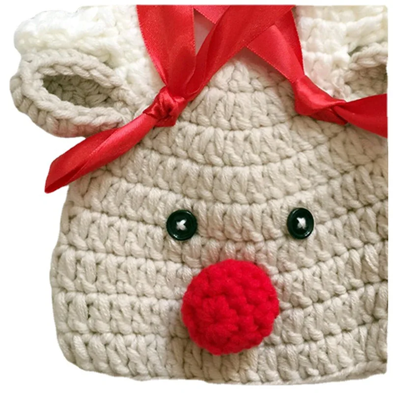 Christmas Baby Hat Adorable Reindeer Hand Crochet Beanie Newborn Boy Girl Knitting Hats Photo Props Xmas Santa Knitted Bonnet