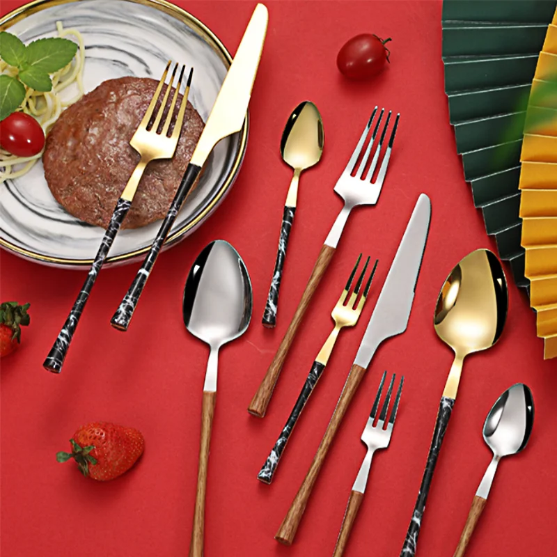 Stainless Steel Cutlery Set, Marble, Wooden, Golden Tableware, Knifes, Fork, Spoon, Luxury, Complete Kitchen Utensils