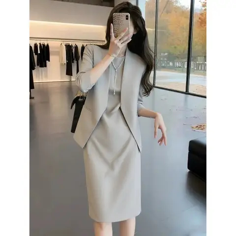 Elegant Grey Suit Dress Set Summer Essential Occasion Sophisticated Personality Lightweight Luxury Suitable for Women