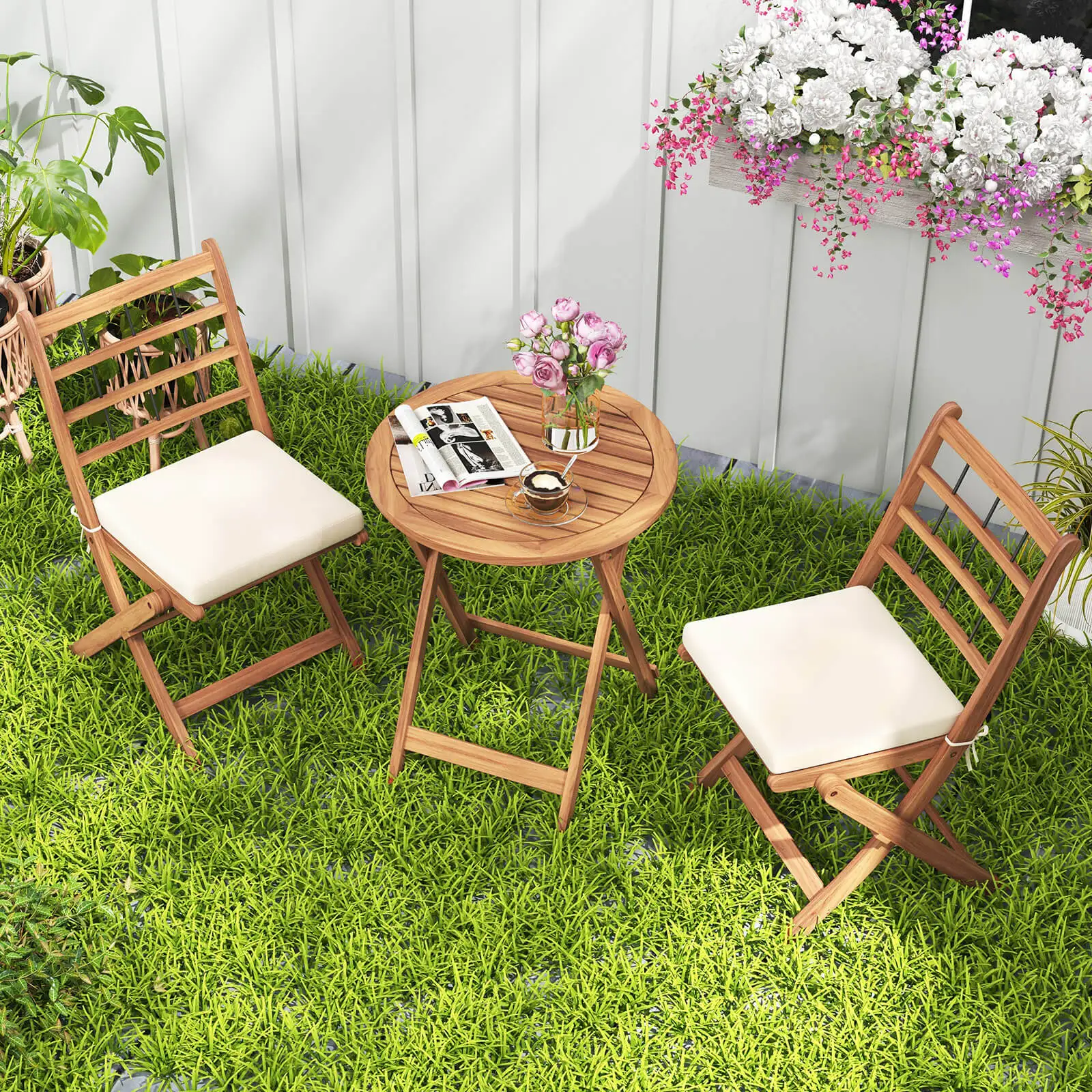 

3 PCS Acacia Wood Patio Bistro Set Folding Outdoor Table and Chairs with Cushions