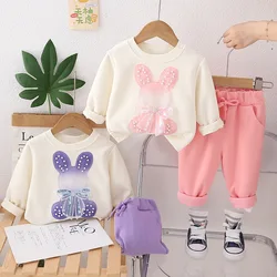 2024Spring and Autumn New Girls' Cartoon Rabbit round Neck Long Sleeve Korean Style Fashionable Sweater Sports Two-Piece Set