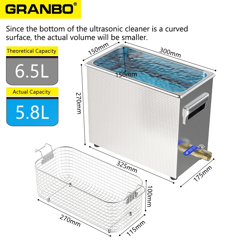 Granbo Új Generáció 40/68/80/120khz 6.5L 200W Ultrahangi tisztább Fürdőkád Ribillió reduciton Design Letapogatás Pulzus tisztító