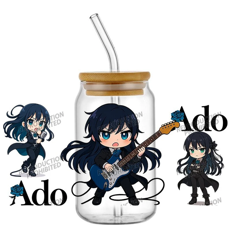 Japanese Anime Singer Ado UV DTF Wraps Blue Rose & Guitar Stickers for 16oz Glass Cans Waterproof DIY Decals