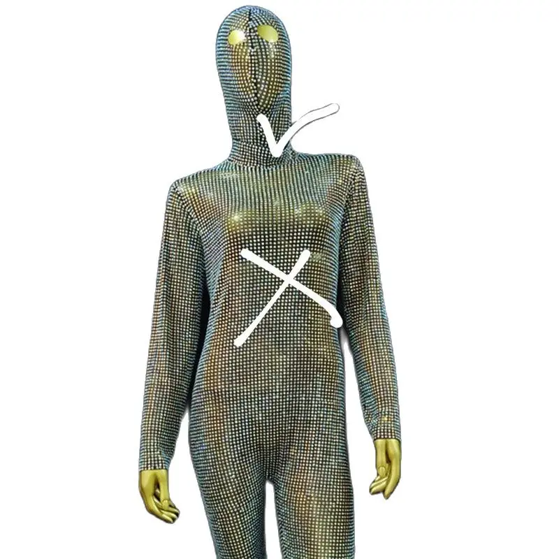 Mode volledige glinsterende steentjes masker hoofddeksel jumpsuit lange mouwen prestatie feest luxe kostuum bodysuit outfit