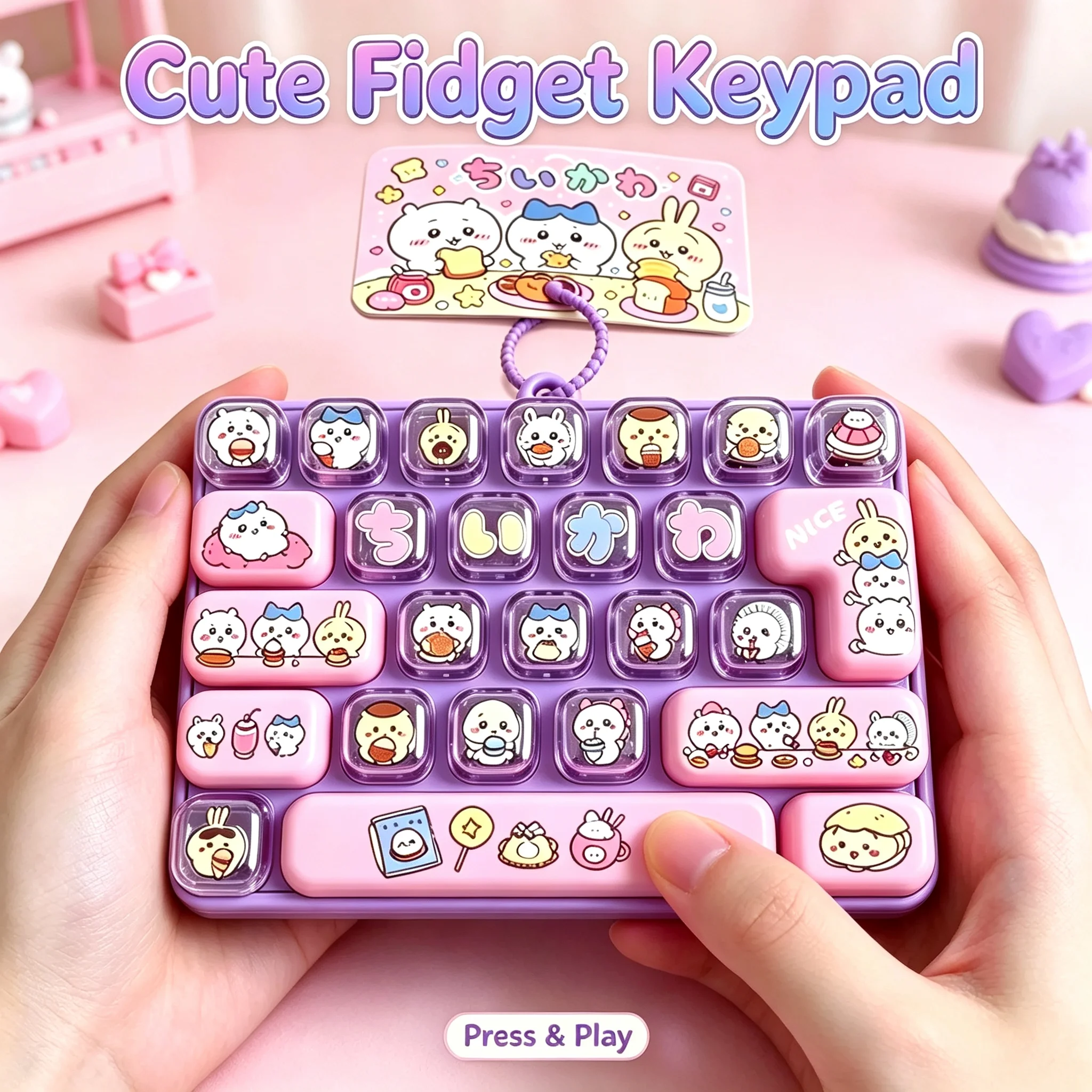 HOT Chiikawa Fidget Toy 26-Key Caps Clicker Keychain 4-Key Light Up Hachiware Usagi Stress Relief Bag Charm Pendant 피젯 키링