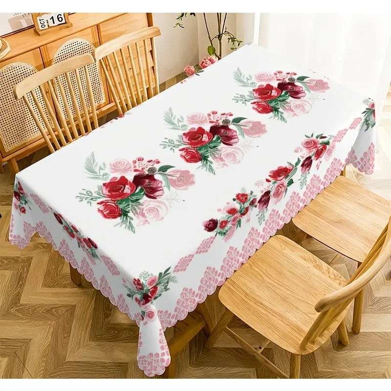 Pink Red Rose Floral Print Tablecloth for Table Decor Washable Elegant Flowers Kitchen Dining Table Cloth Wedding Decorations