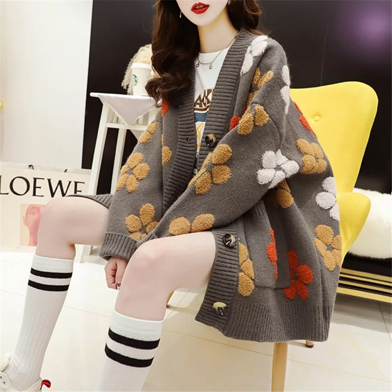 Embroidery Knitted Cardigan Women\'s Sweater Warm Long Sleeve Flower Print Pocket Jumpers Autumn Winter Loose Sweaters