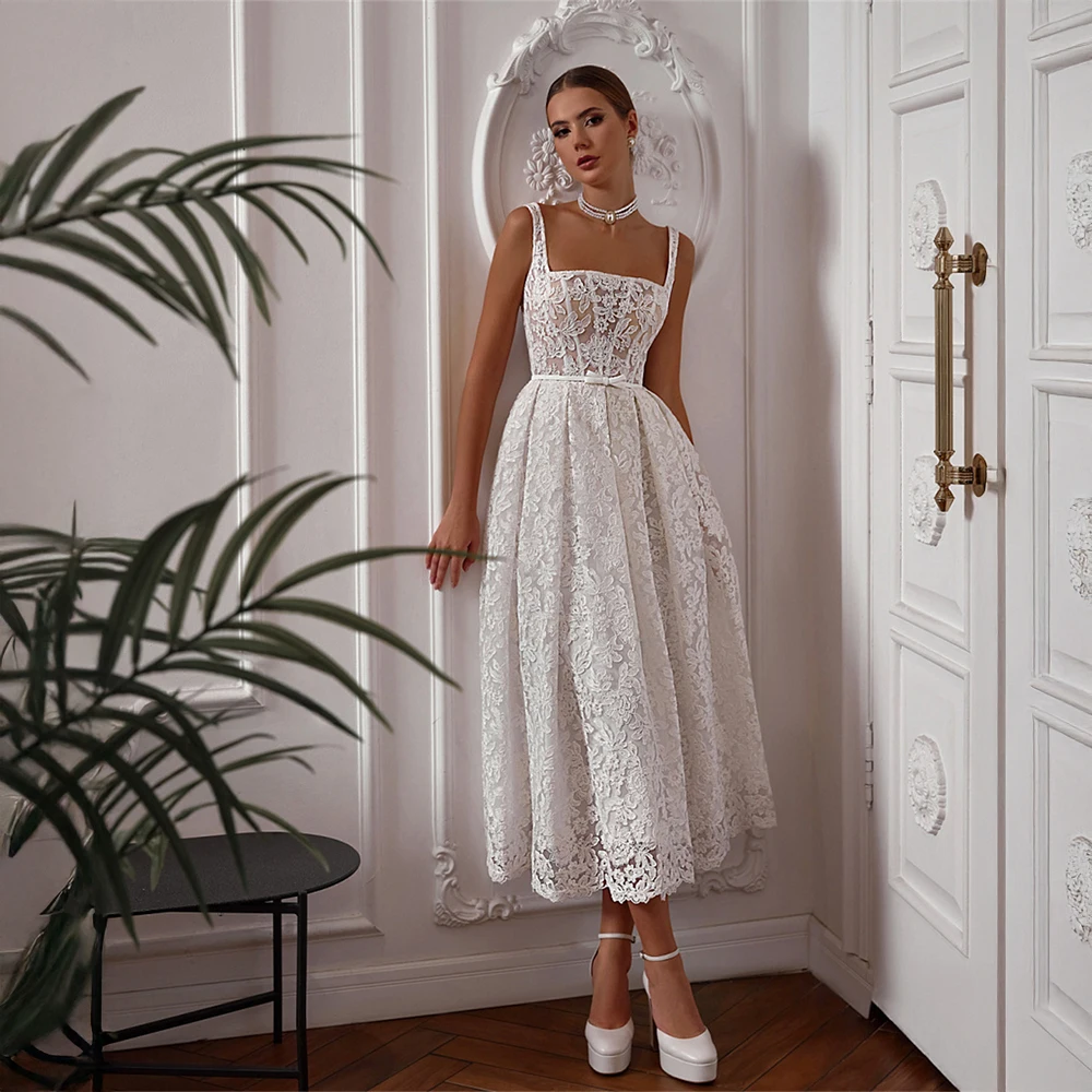 

Customized Lace Appliques Square Neck Midi Wedding Dress Elegant Sleeveless Bridal Dress with Bow Belt for Brides