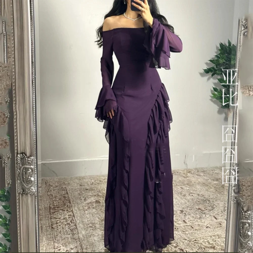 Purple Prom Dresses Sheath Evening Dresses Long Sleeve Chiffon Off Shoulder Formal Wedding Party Dress vestidos de gala 2024