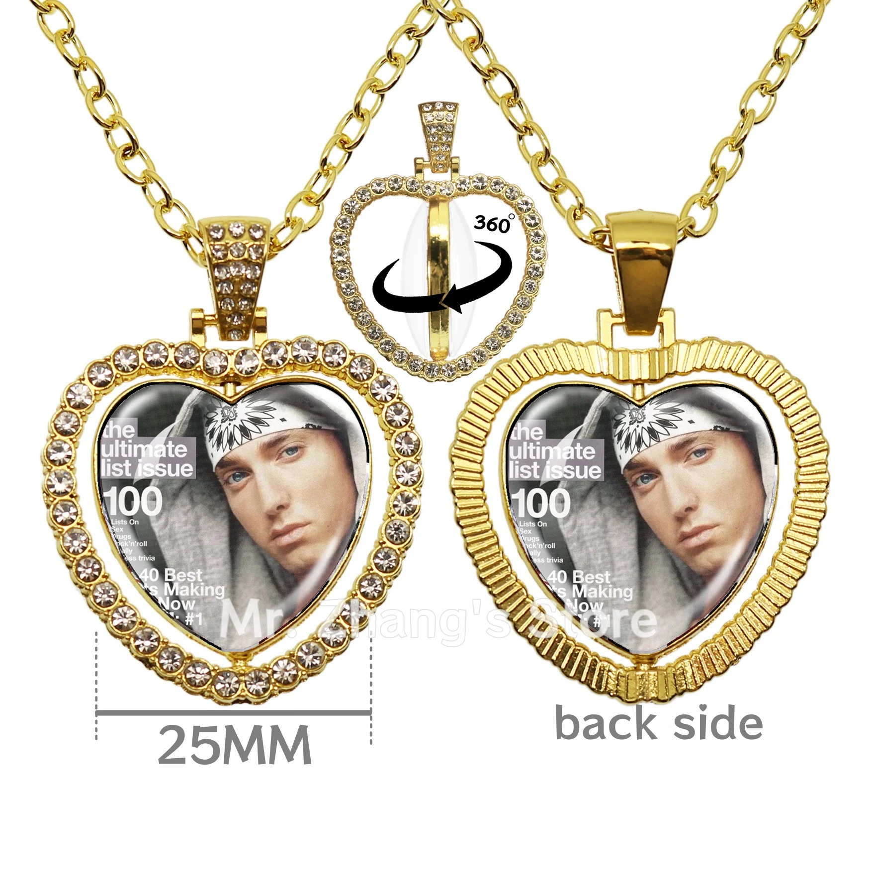 Eminem Slim Shady Photo 25mm Heart Glass Cabochon 360-Degree Rotation Necklace Hip Hop Gold Heart Frame Pendant Gift JD057