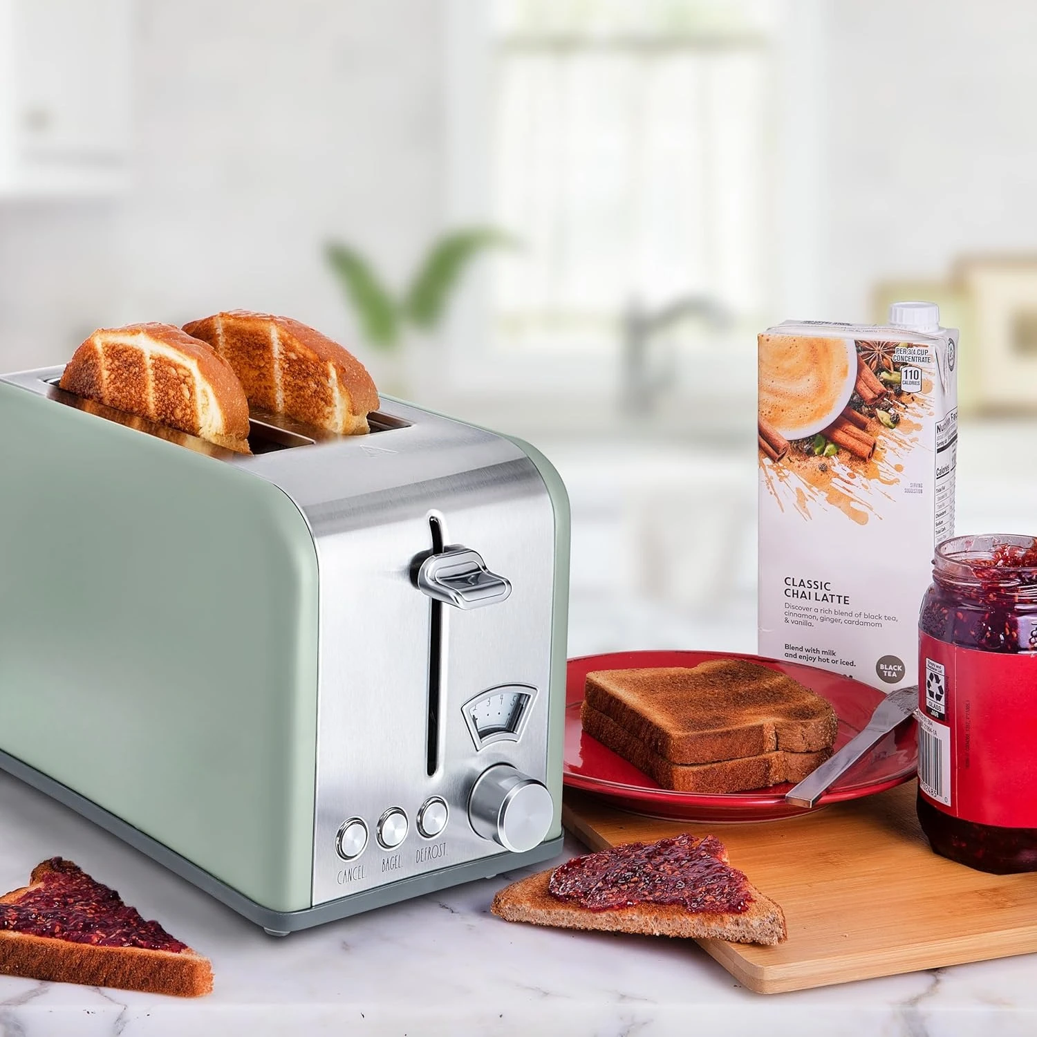 Stainless Steel 2 Slice Square Toaster, Wide Slot with 5 Browning Levels, with Bagel, Defrost and Cancel Options (Sage)
