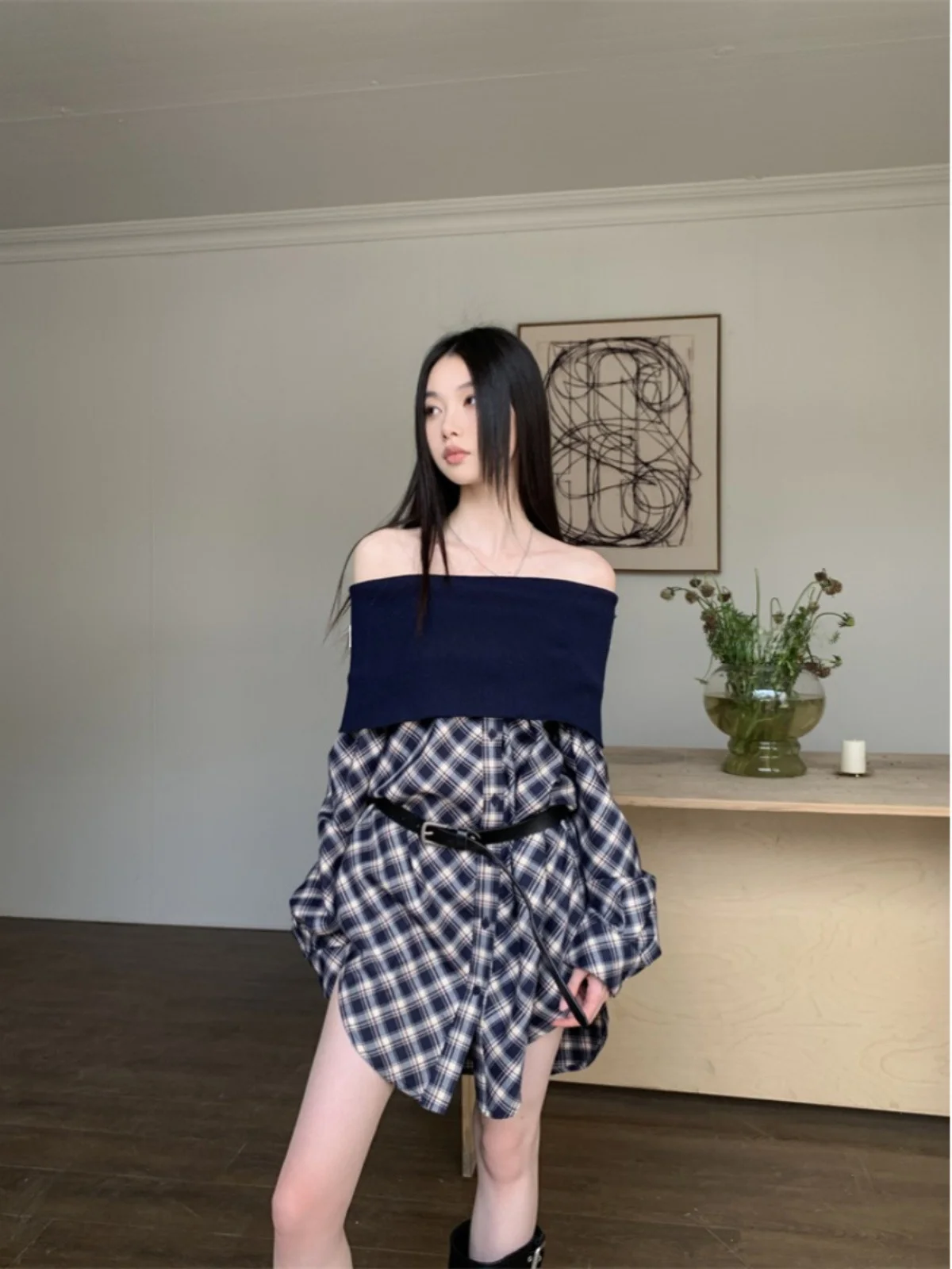

Retro Deep Blue Knitted One Shoulder Shirt Dress Women's Design Sense Plaid Splicing Long Sleeve Turn-down Collar Top