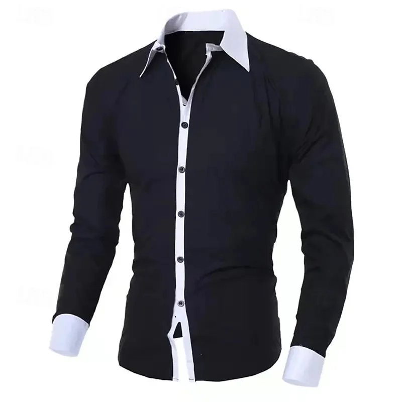 New Men's Black and White Color-Blocked Spliced Shirt, Outdoor Street Style, Business Casual Long-Sleeved Lapel Top for Men.